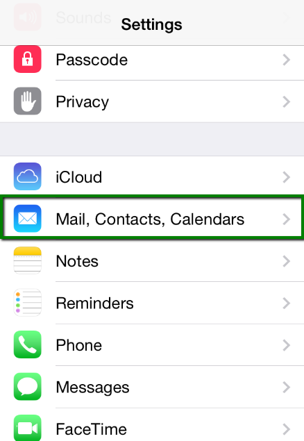 iPhone Settings menu showing Mail, Contacts, Calendars