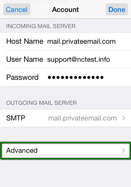 iPhone account settings with the Advanced option
