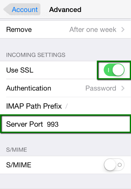 iPhone advanced POP3 settings using port 995 with SSL