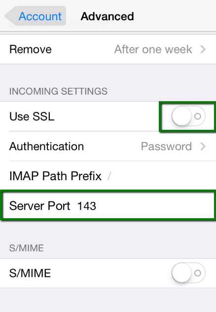 iPhone advanced IMAP settings using port 143 without SSL