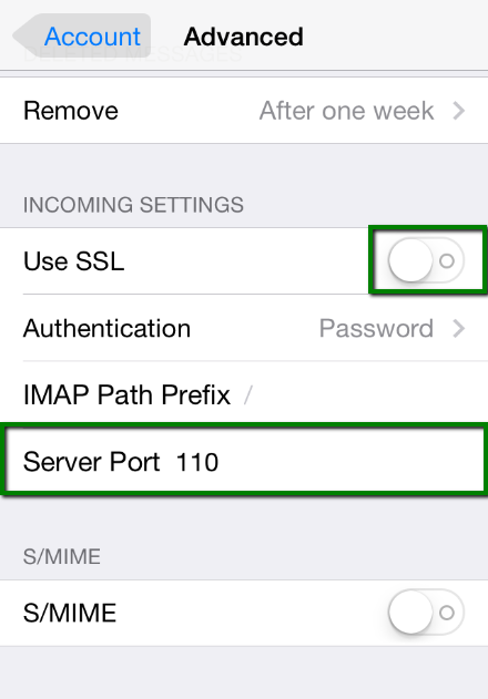 iPhone advanced POP3 settings using port 110 without SSL