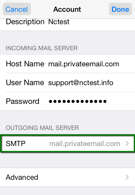 iPhone account screen with the Outgoing Mail Server option