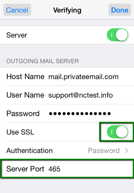 iPhone outgoing SMTP server settings using port 465 with SSL