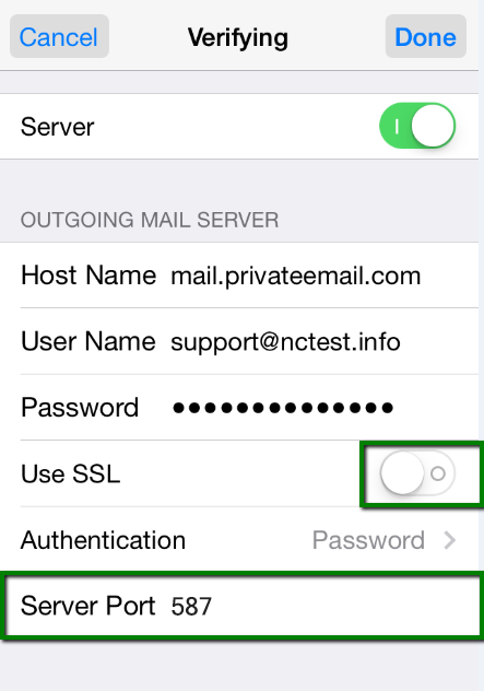 iPhone outgoing SMTP server settings using port 587 without SSL