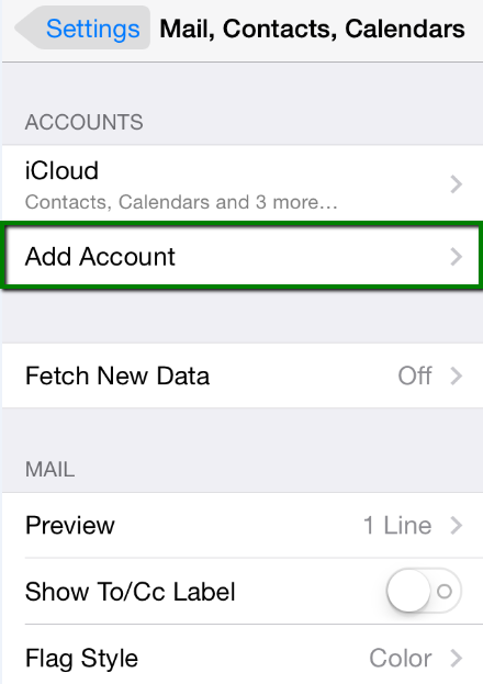iPhone Mail, Contacts, Calendars screen with Add Account